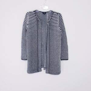 Talbots Black and White Open Front 100% Pure Merino Wool Long Cardigan Medium P